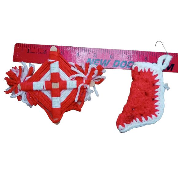 Vintage Handmade Primitive Christmas Ornaments Set Crochet Knit Fabric 5pc - Picture 7 of 13